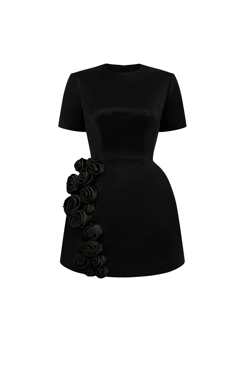 EMBROIDERED SHORT SLEEVE MINI DRESS IN BLACK | I.H.F Studio | CULT MIA | CULT MIA UK LTD