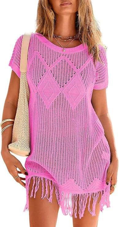 Swimsuit Cover Up for Women 2026 Crochet Bathing Suit Coverups Hollow Out Knit Tassel Beach Dress... | Amazon (US)