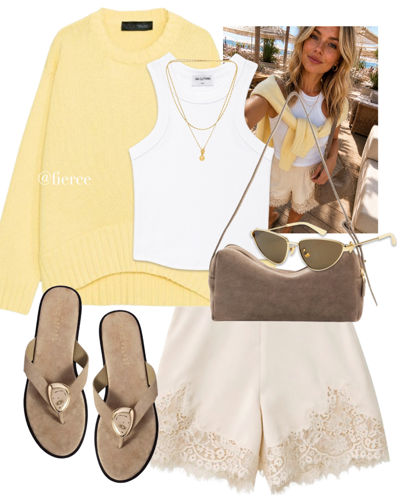 Yellow oversized jumper taupe beige sandals suede bag white tank top cream lace satin shorts vacation weekend outfit holiday look 

#LTKuk #LTKtravel #LTKsummer