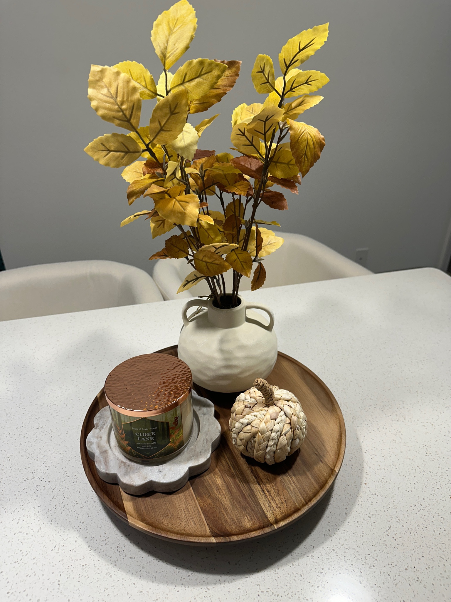 Fall countertop with marble candle tray 

#targethome #targetfinds #fallhome #falldecor

#LTKHome #LTKFindsUnder50 #LTKSeasonal