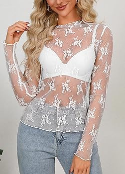 hellobaby Women's Mesh Sheer Tops Long Sleeve Mock Neck Sexy See Through Shirts Lace Floral Blous... | Amazon (CA)