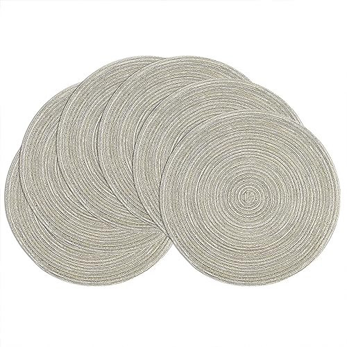 SHACOS Round Braided Placemats Set of 6 Glitter Circle Place Mats Washable 15 inch Table Mats for Dining Table Wedding Party (Light Gray Gold, 6) | Amazon (US)