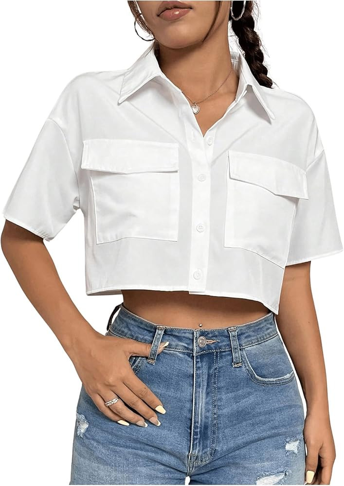 MakeMeChic Women's Cropped Button Down Shirt Collar Short Sleeve Pocket Crop Tops | Amazon (US)