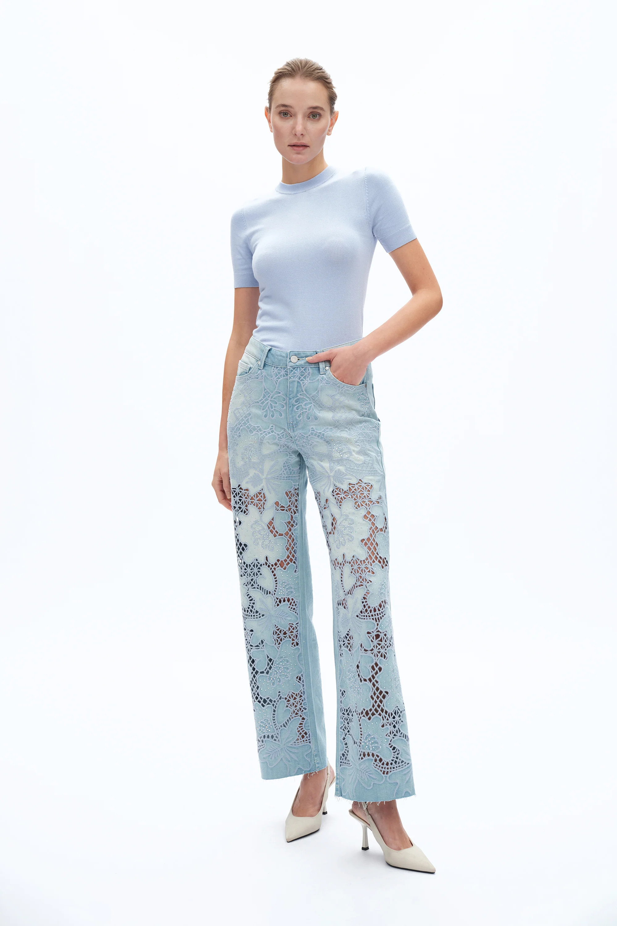 High Rise Embroidered Lace Straight Leg Jeans | BAYEAS