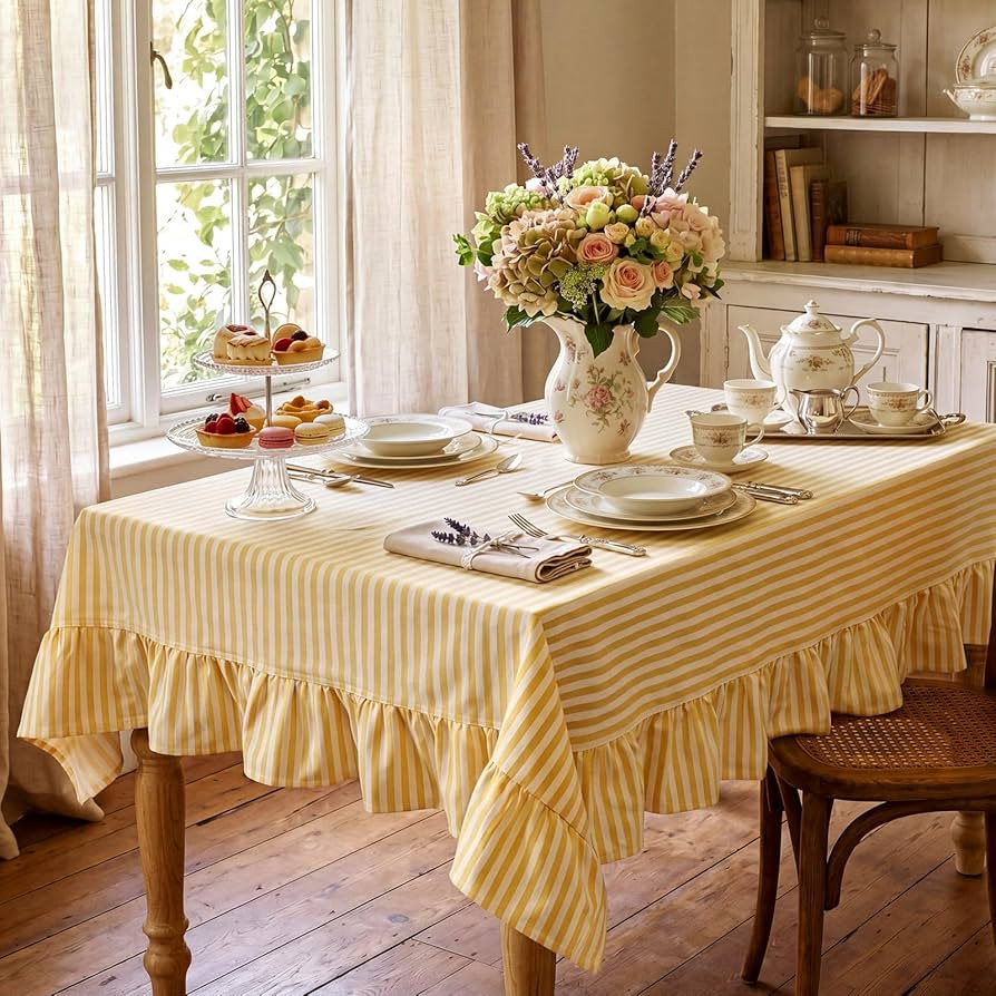 Mindsoft Yellow Striped Ruffled Tablecloth 70 x 52 Inches Cotton Linen Rectangular Striped Table ... | Amazon (US)