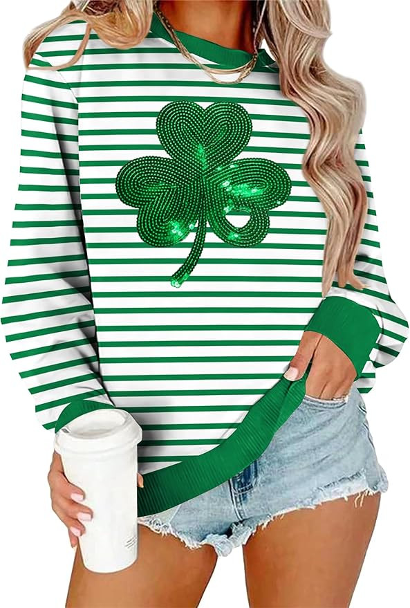 VVNTY St. Patrick's Day Sweatshirt for Women: Embroidered Lucky Shamrock Graphic Tee Shirts Paddy... | Amazon (US)