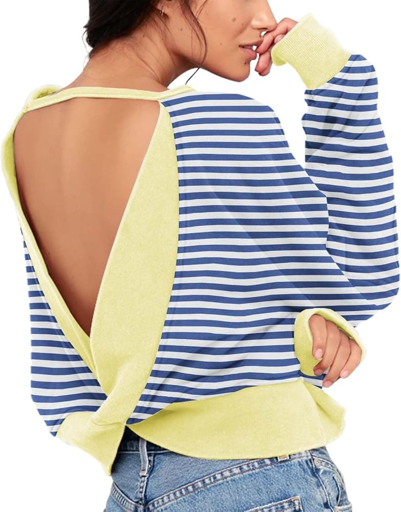 ReachMe Womens Open Back Sweatshirts Crop Backless Long Sleeve Shirts Off the Shoulder Crewneck W... | Amazon (US)