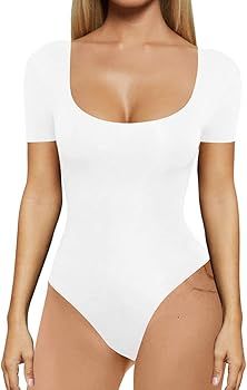 Women's Short Sleeve Casual Scoop Neck Top Bodycon Basic Bodysuits | Amazon (US)