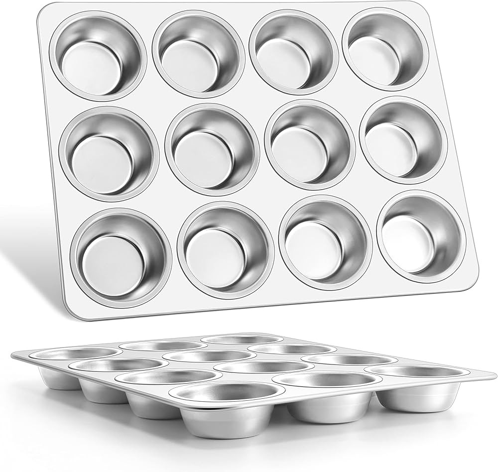 E-far Muffin Pan 12-Cup, Set of 2, Stainless Steel Cupcake Pan Metal Muffin Baking Tins for Oven,... | Amazon (US)