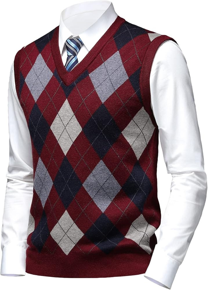 Mens Thick Argyle Sweater Vests Classic V-Neck Knitwear Sleeveless Pullover Autumn Winter Warm Ta... | Amazon (US)