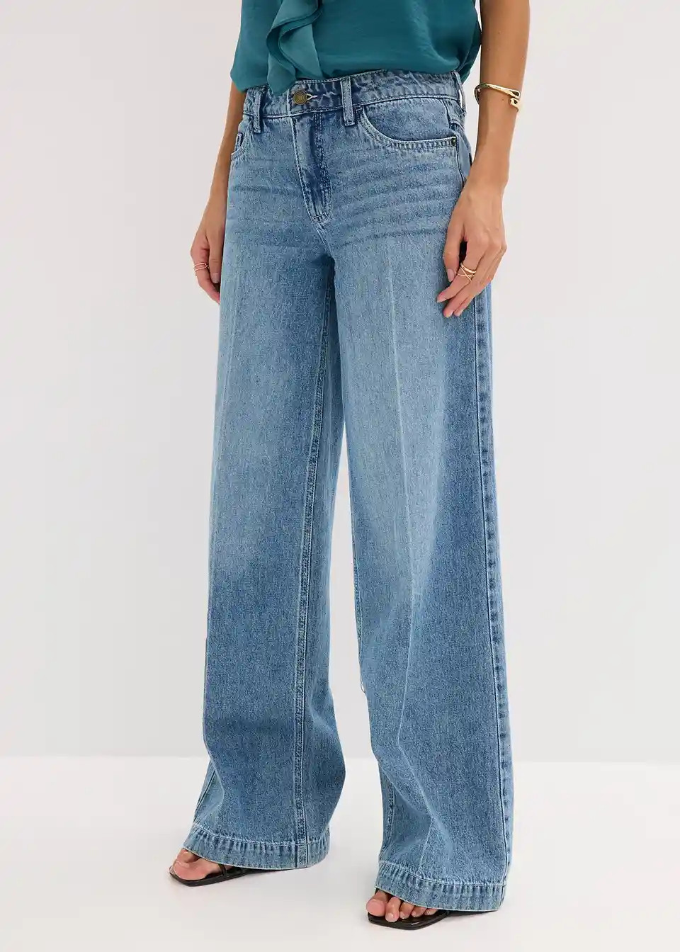 Wide-Leg-Jeans Mid Waist, Low Stretch Full Length | Bonprix DE