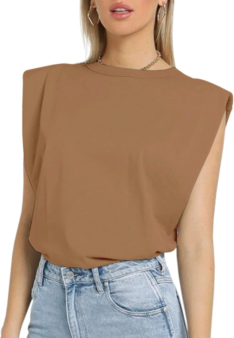 SAFRISIOR Women Loose Solid Shoulder Pads Sleeveless T-Shirt Casual Cotton Round Neck Tank Tee To... | Amazon (US)
