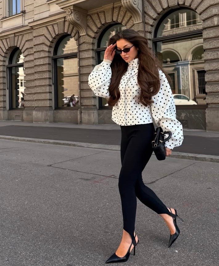 Polka dot bomber
Black stirrup pants 
Black pumps 

#LTKPetite #LTKBeauty #LTKSeasonal