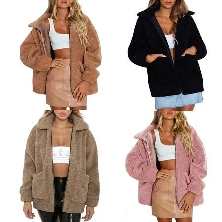 2018 Womens Coat Oversized Teddy Bear Fleece Lapel Coat Ladies Faux Fur Borg Zip Jacket With Pockets | Walmart (US)