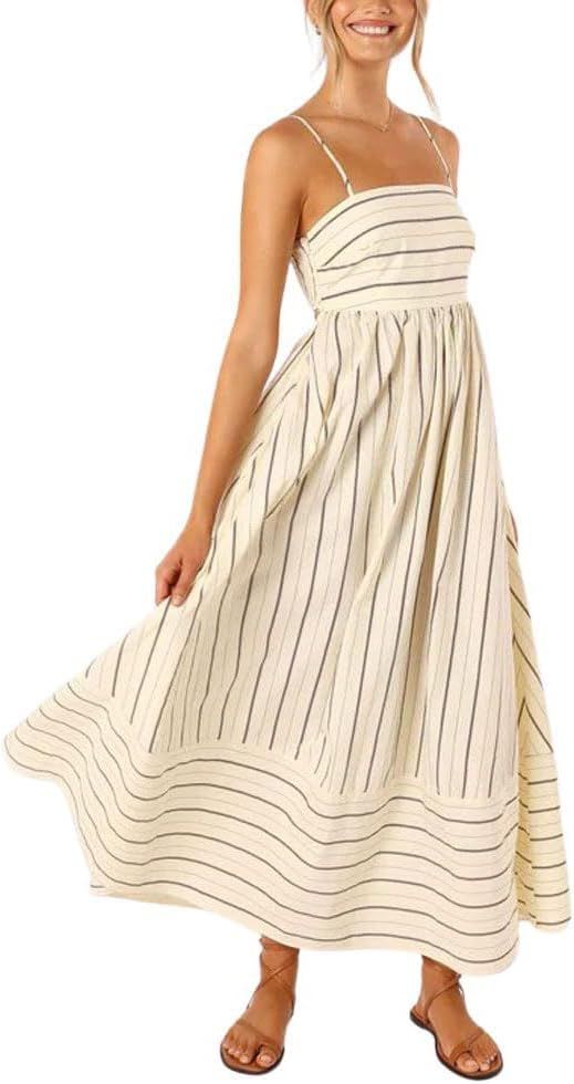chouyatou Women's Striped Back Smocked Maxi Dress Sexy Spaghetti Strap Cut Out Flowy Swing Long D... | Amazon (US)
