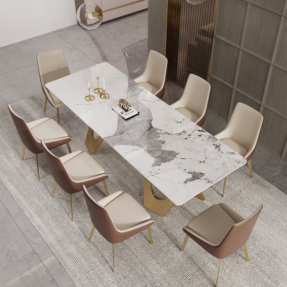 79"" Rectangle Dining Table Faux Marble Top in Gold for 8 Seaters Modern | Homary