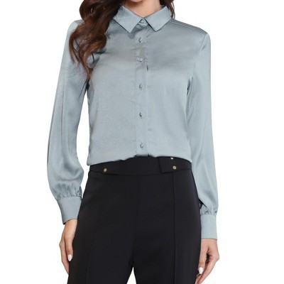 INSPIRE CHIC Women's Satin Turndown Collar Button Down Long Sleeve Business Office Shirt Large Grey Blue | Target