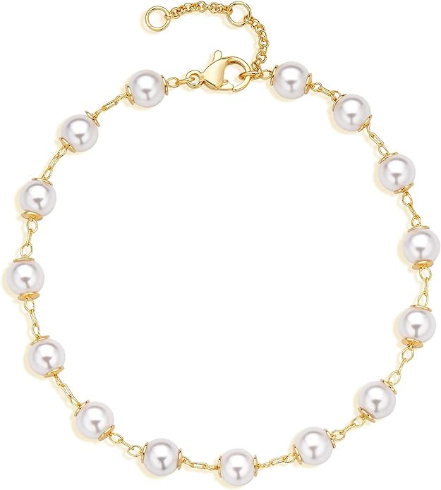 LOYATA Chain Bracelet Gold Link 14K Gold Plated Dainty Pearl Bracelet Simple Jewelry Gift for Wom... | Amazon (US)