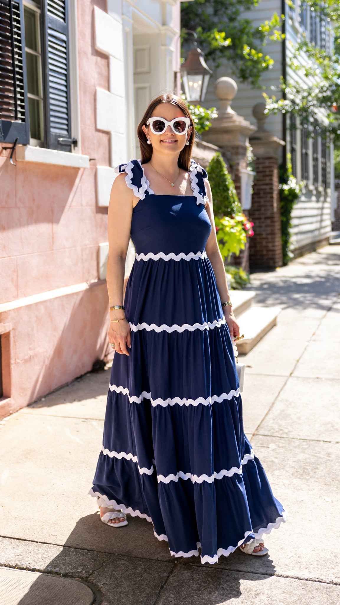 Sale alert! Get 40% off the Sail to Sable x Style Charade summer collection with code COOLOFF! This navy and white ric rac trim tiered maxi has a smocked back and self-tie shoulder straps for extra comfort!

#LTKSaleAlert #LTKWedding #LTKSeasonal