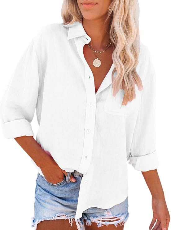 Paintcolors Women's Button Down Shirts Cotton Long Sleeve Blouses V Neck Casual Tunics Solid Colo... | Amazon (US)