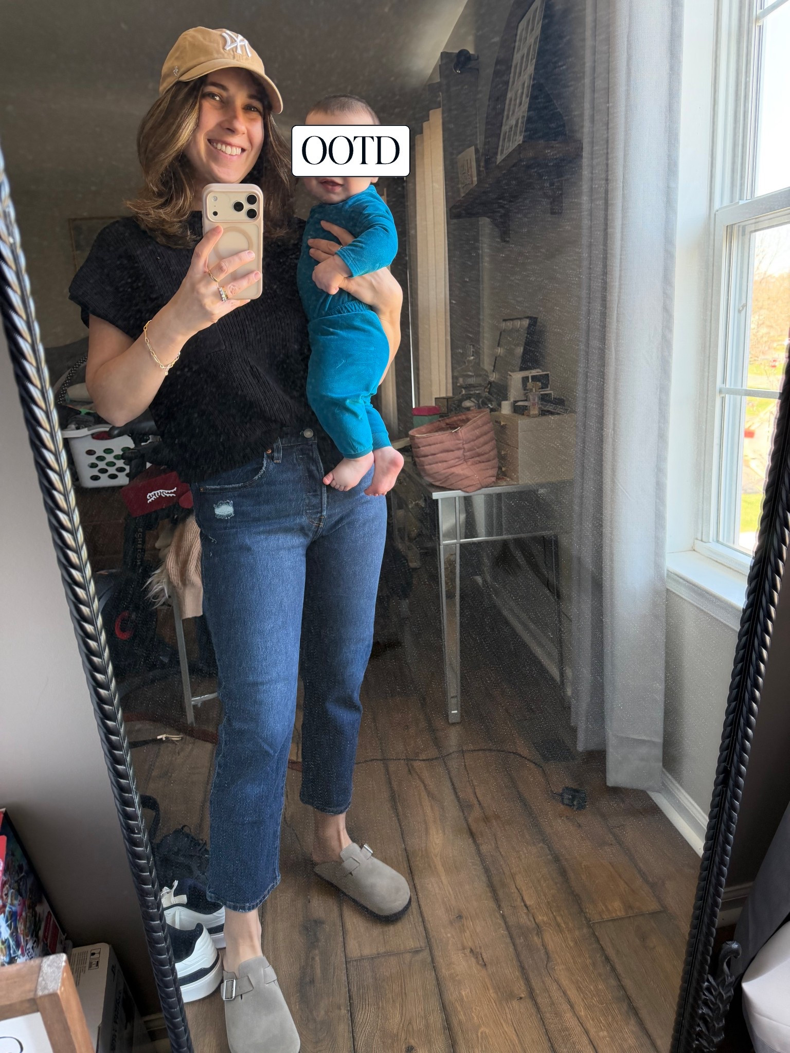 easy postpartum outfit, top, and jeans from Amazon. birkenstock dupes from target.￼￼dirty mirror but the cute baby makes up for it.￼baby boy in nike!

#LTKmomlife #LTKgrwm #LTKBaby