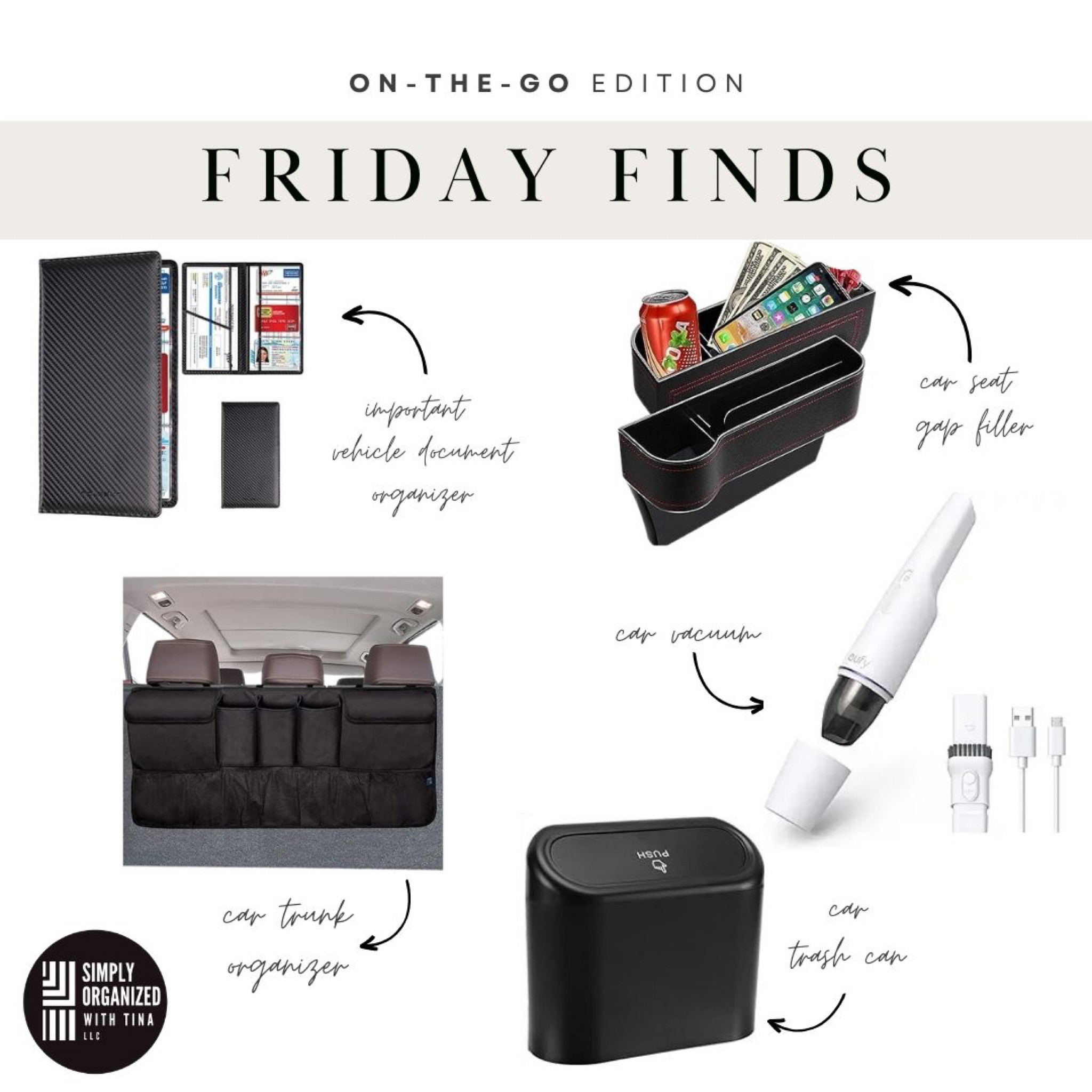 Tis the season for all the fall activities: fall sports, football tailgates, fall foliage hikes, corn mazes, and pumpkin patches! Be prepared with these car organization accessories to keep you organized while on-the-go! 

◾ Car trunk organizer - We love all of the different pockets so you can really have a place for everything. Plus, it doesn't take up the space on the ground level, so larger items can still be stored in front.
◾Car seat gap filler- This adds more space for car trip needs while preventing things from falling in the cracks
◾Car trash can- To keep a clean and decluttered car, it is important to have a place for trash. AND so important to clean out the car every day.
◾Important vehicle document holder- Keep all important vehicle documents in one place to keep the glove compartment organized 
◾Car vacuum- This handheld vacuum can charge in the car and is always available and at the ready!

#LTKhome #LTKSeasonal #LTKtravel