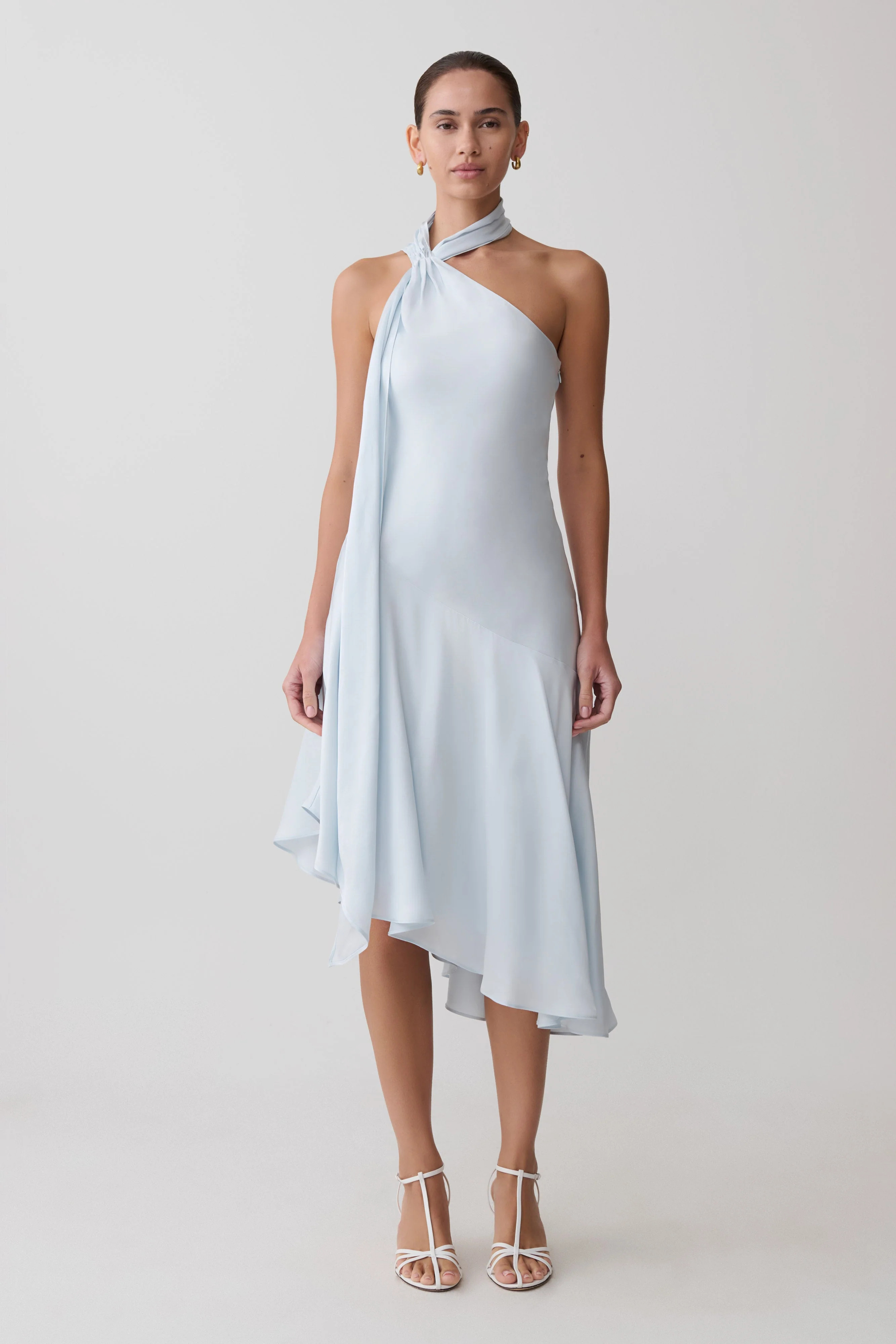 Halter Asymmetric Hem Midi Dress - Ice Blue | MESHKI US