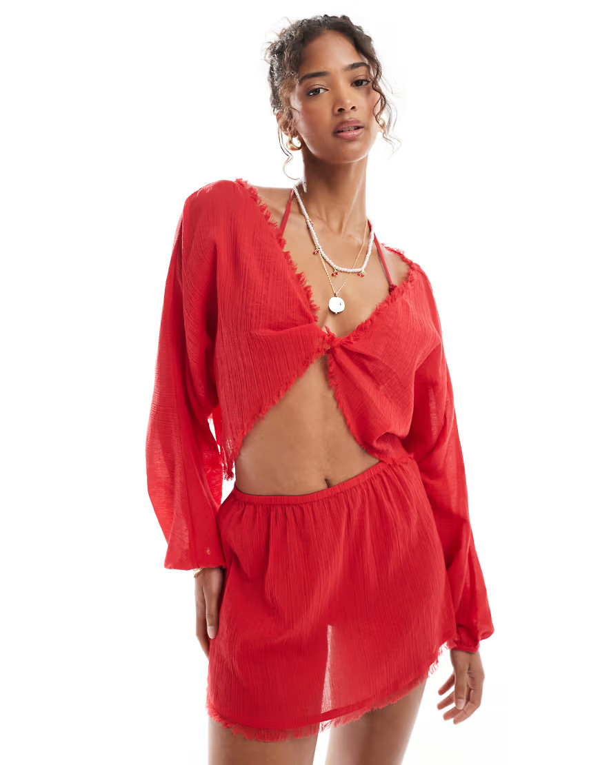 ASOS DESIGN Mira cotton crinkle twist front beach top in red | ASOS (Global)