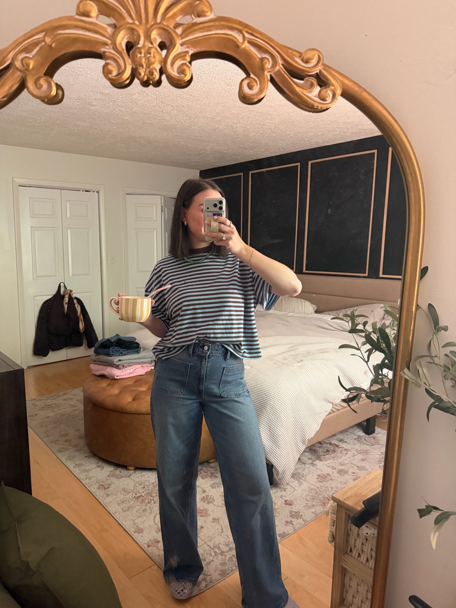 Outfit of the Day, comfy $17 Walmart jeans, blue/brown stripe t-shirt! 

Happy Monday! Comfy casual work outfit 🩵🤎

#LTKootd #LTKmomlife #LTKHome