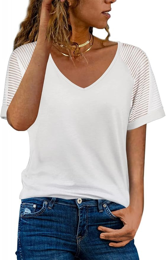 WEESO Casual V Neck T Shirts for Women Mesh Short Sleeve Dressy Tops | Amazon (US)
