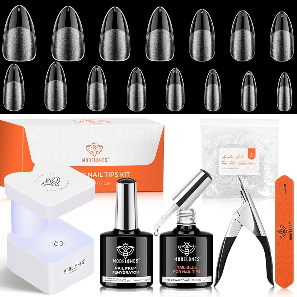 modelones X Nail Gel Kit Almond, Upgrade 15Sizes Fake Nails, 9-in-One Glue Dehydrator & Mini U V ... | Amazon (US)