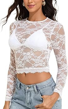 YYA Womens Mesh Tops Lace Long Sleeve Shirts Crewneck Slim Fitted Outfits See Through Blouses S-X... | Amazon (US)