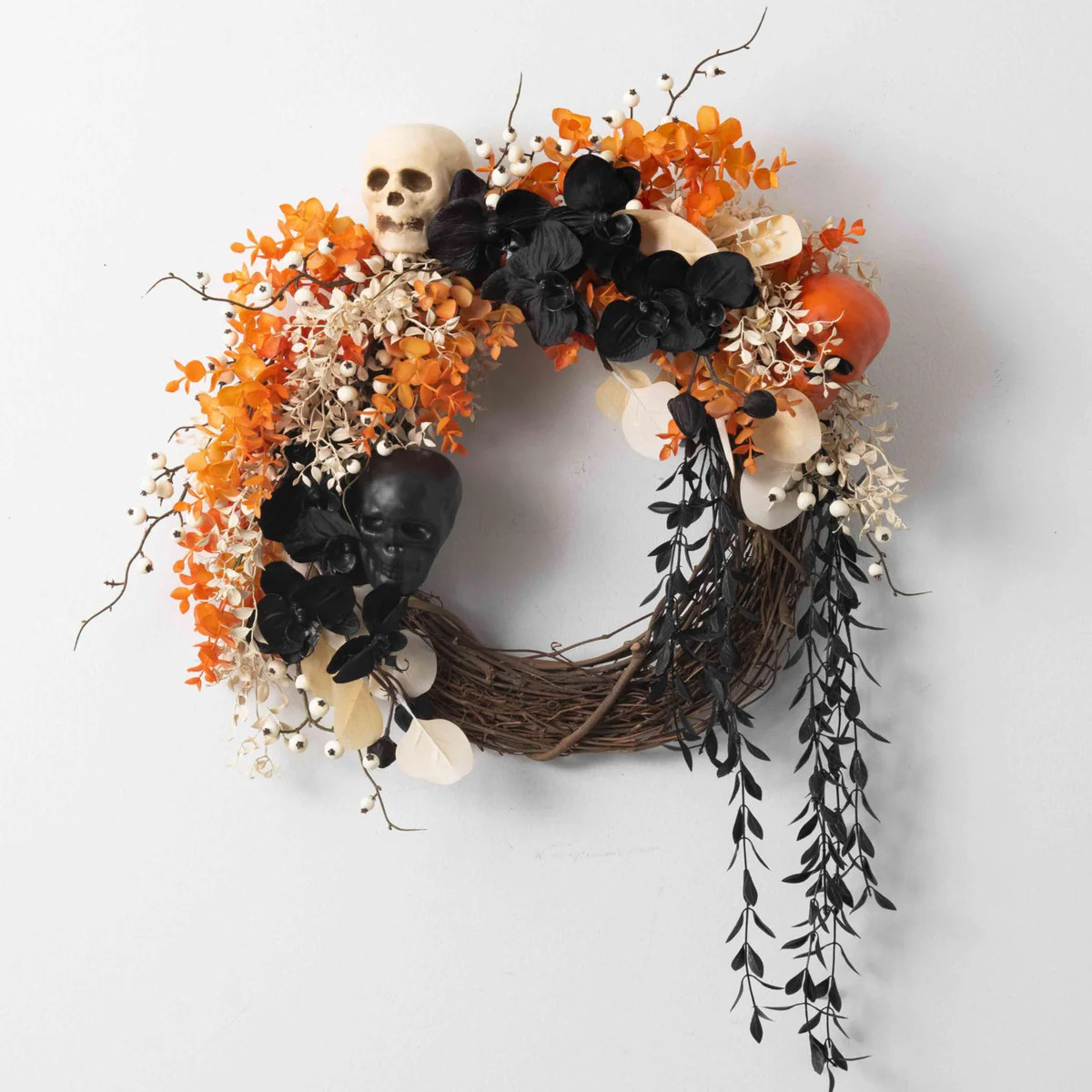 Haunted Halloween Chic Skull Décor with Orange Eucalyptus, Black Orchid & White Berry Front Door... | Darby Creek Trading
