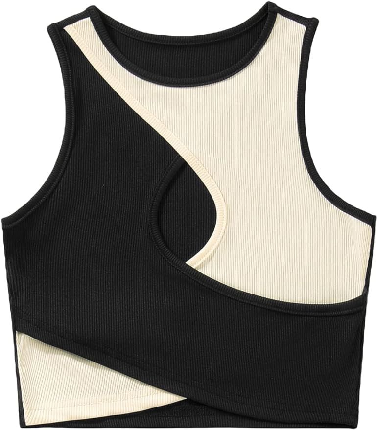Verdusa Women's Colorblock Cut Out Cross Front Sleeveless Ribbed Crop Tank Top | Amazon (US)