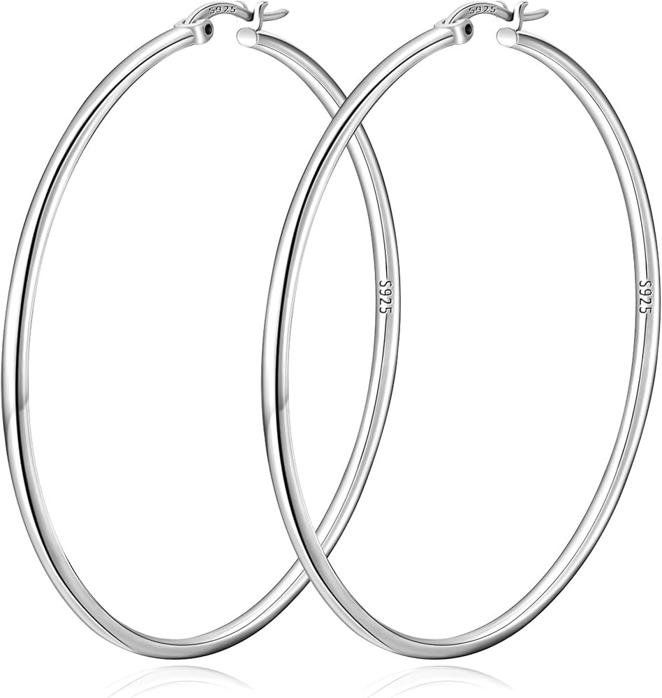 Valentines Gifts for Her 2mm Thin Large S925 Sterling Silver Hoop Earrings for Women Hypoallergen... | Amazon (US)