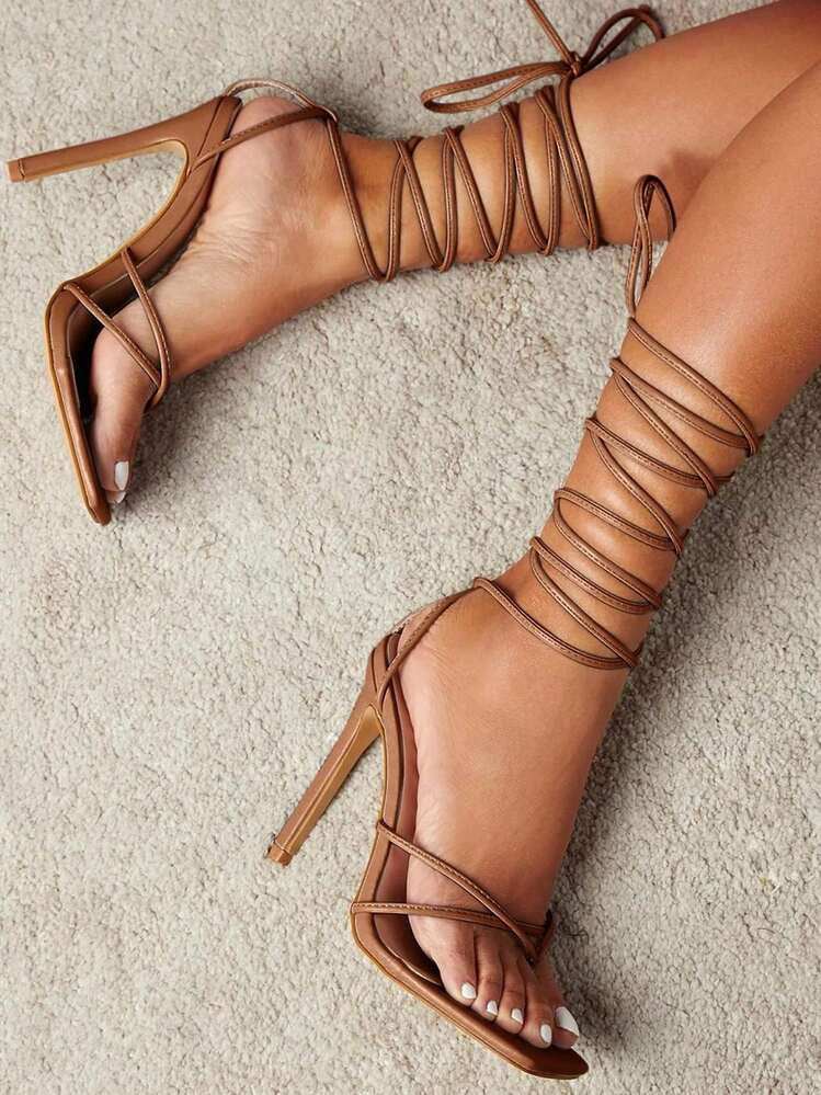Women's Square Toe Lace Up Heeled Sandals Leg-Lengthening Strappy Heels For Slim Look Party Dress Shoes | SHEIN