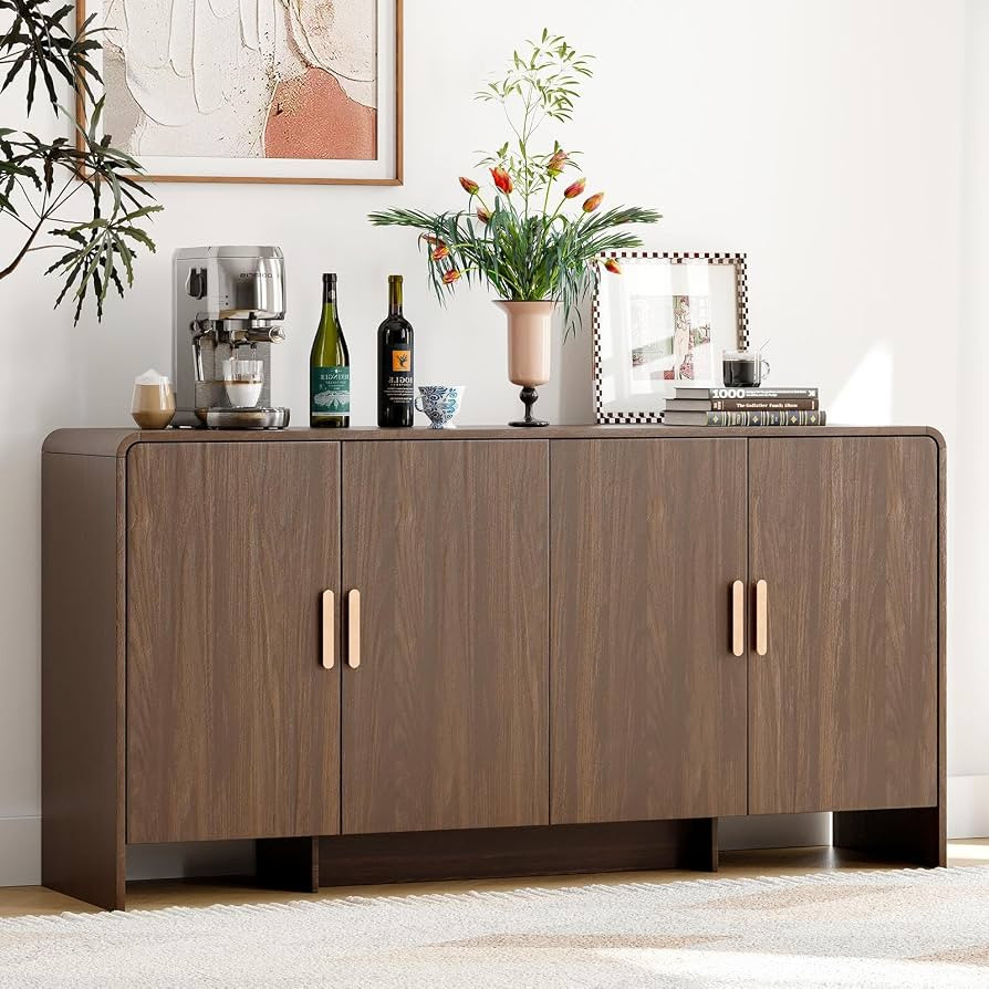 60" Sideboard Buffet Cabinet with Storage, Curved Design Farmhouse Coffee Bar Cabinet with 4 Door... | Amazon (US)