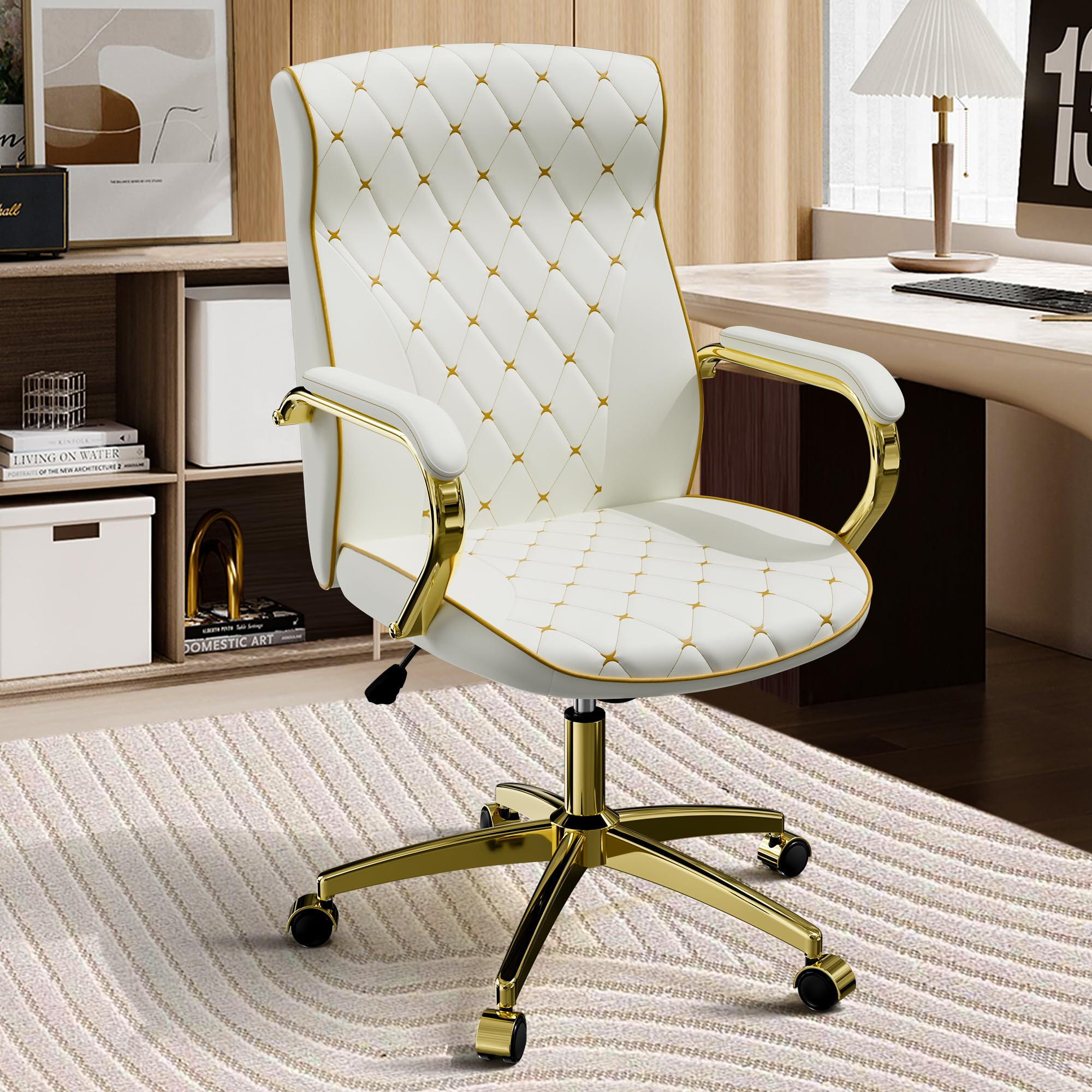 White and Gold Office Chair with Soft Leather Embroidery, Mid Back Vintage Swivel Executive Desk ... | Amazon (US)