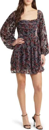Floral Long Sleeve Chiffon Jacquard Corset Minidress | Nordstrom