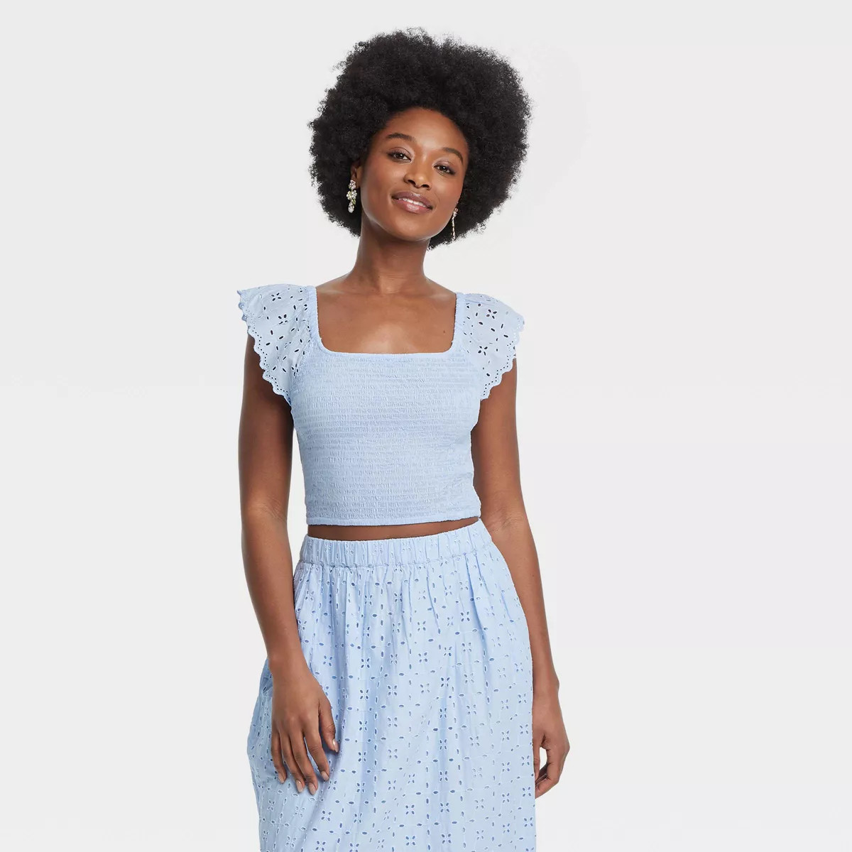 Women's Eyelet Flutter Short Sleeve Blouse - Universal Thread™ Blue | Target