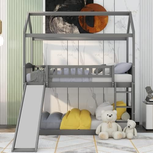 Twin Bunk Beds with Slide for Kids, House Shaped Bunk Beds, Slide and Ladder can be Put on Both S... | Amazon (US)