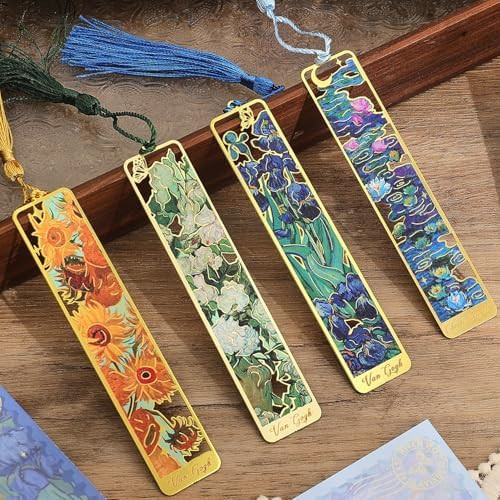 4 Pieces Metal Bookmarks with Tassel, Golden Hollow Bookmark Oil Painting Theme Book Mark Bookmar... | Amazon (US)