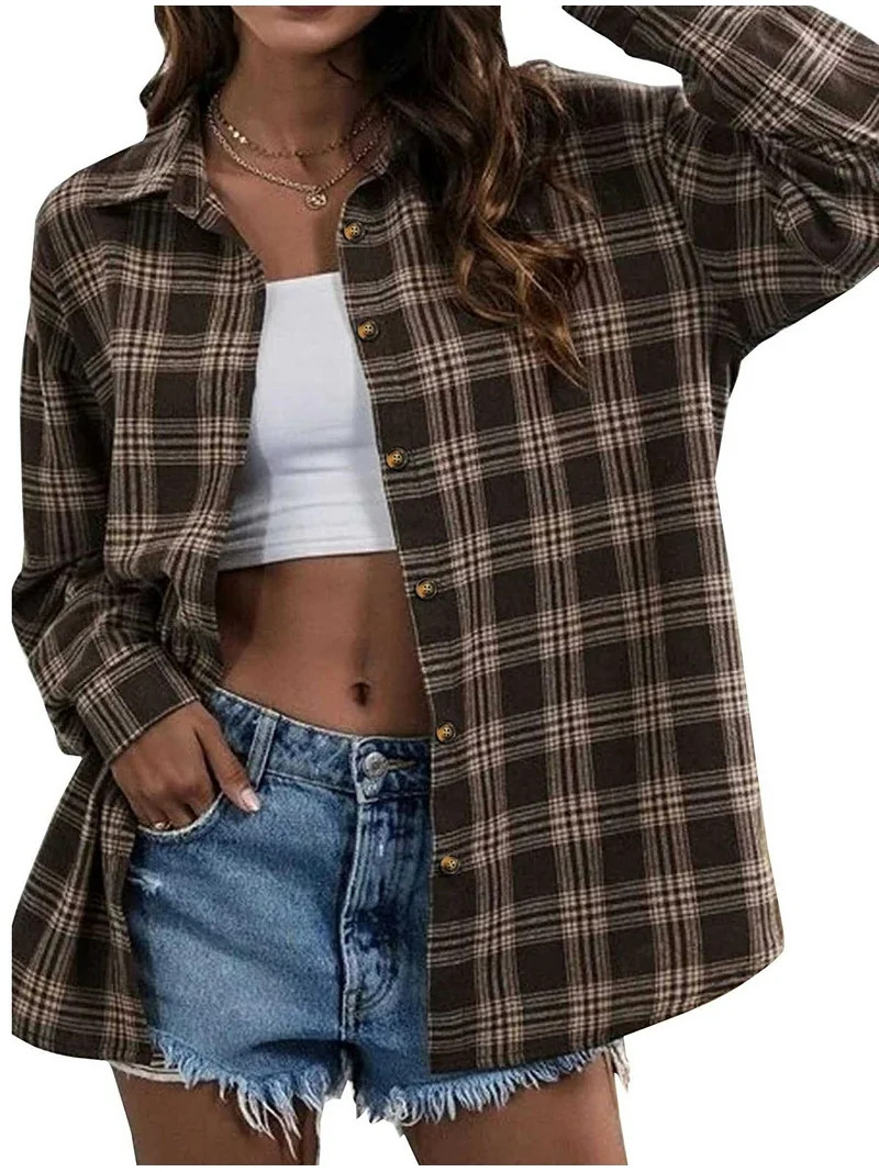 Fantaslook Plaid Flannel Shirts for Women Oversized Long Sleeve Button Down Shirts Blouses Tops | Walmart (US)