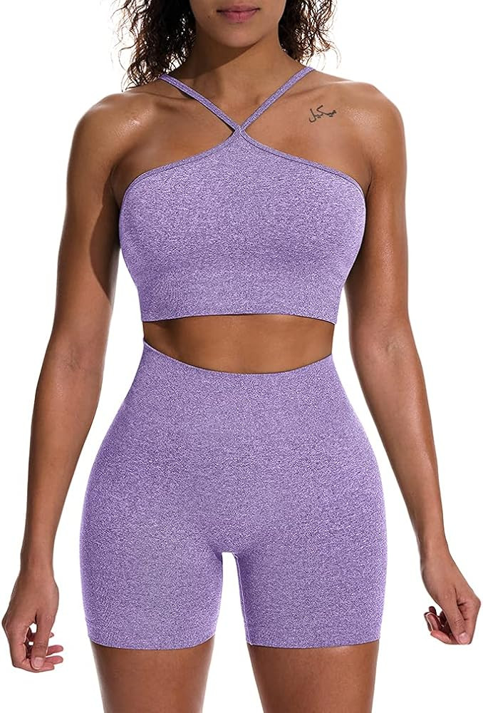 HYZ Women's Workout 2 Piece Outfits High Waist Running Shorts Seamless Gym Yoga Crop Top Bra Sets | Amazon (US)