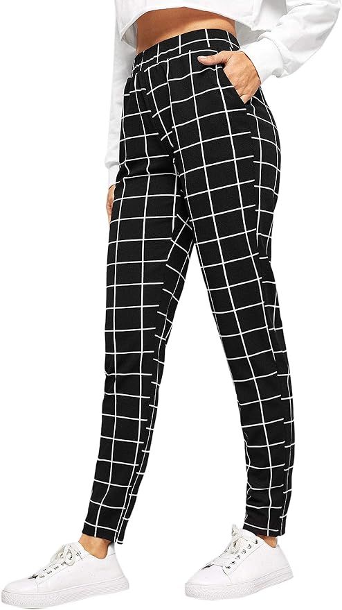 SweatyRocks Women's Casual Pants Striped Elastic Waist Trousers Black L | Amazon (US)