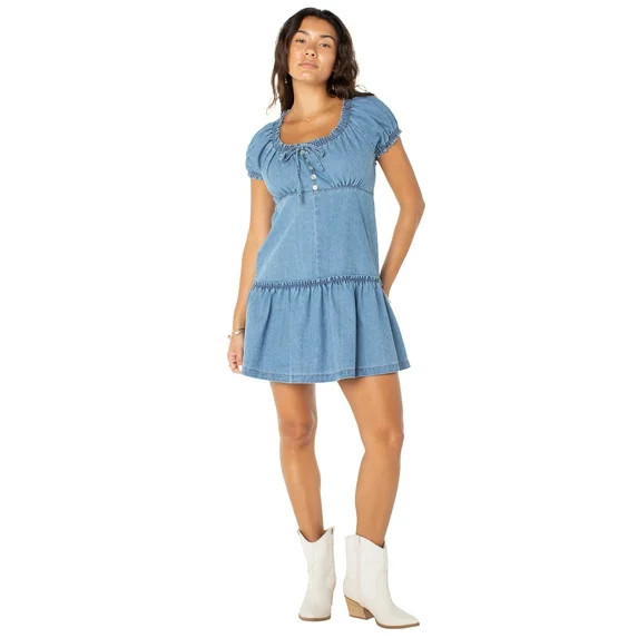 Celebrity Pink Women’s and Women's Plus Denim Mini Dress with Puff Sleeves, Sizes XS-XXXL | Walmart (US)