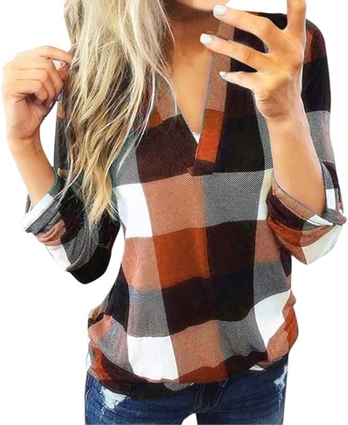 aihihe Women Long Sleeve Flannel Plaid Shirt Pullover Sexy V Neck Tops Casual Loose Boyfriend Tun... | Amazon (US)