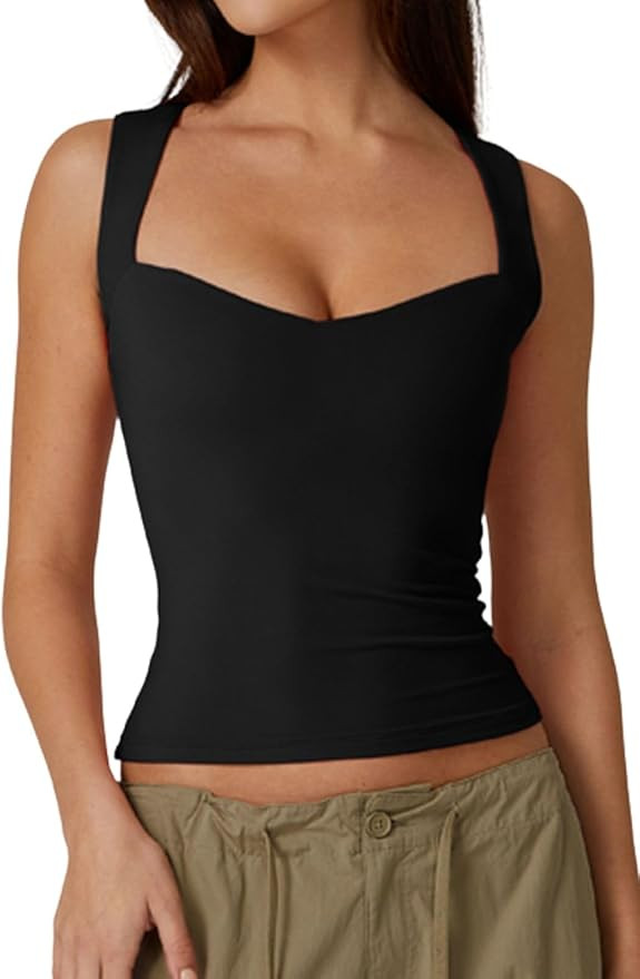 QINSEN Women's Sexy Sweetheart Neck Sleeveless T Shirts Double Lined Tees Slimming Fit Tops | Amazon (US)