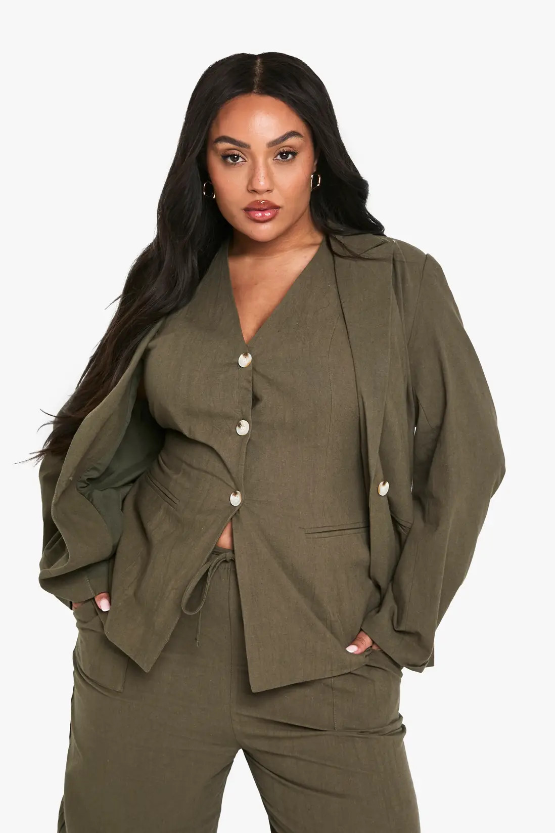 Khaki Plus Halter Textured Linen Look Waistcoat | Boohoo USA | boohoo (US & Canada)