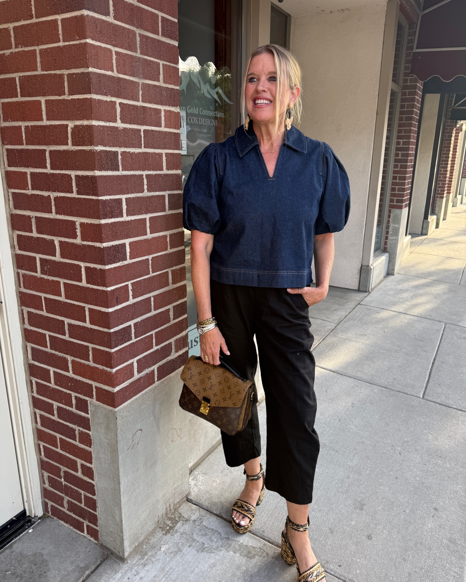 Amazon days sale 
20% off pant✔️✔️✔️

Dinner date outfit

I love this outfit.. it’s flattering and affordable 

A slightly barreled trouser with button zipper front detail and elastic back , linen and has pockets! 
So comfy and slot of colors 
I am wearing a med , flattering and easy to wear

Denim puff sleeve top with collar, hits at perfect flattering length   On sale and I am wearing a small 

Sam Edelman block heel summer ratten  sandal tts on sale 

Large state ment earrings that tie in the sandals ratten

Louis Vuitton bag
🚨Purchase or rent 
Get a month free with code DARCY

#LTKOver40 #LTKSaleAlert #LTKgrwm